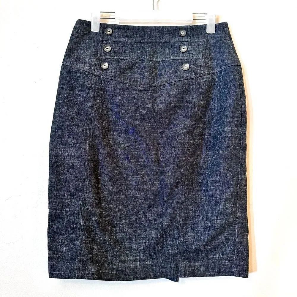 BCX Button Accent Back Zip High Waist Stretch Pencil Skirt Heather Denim Blue Sz